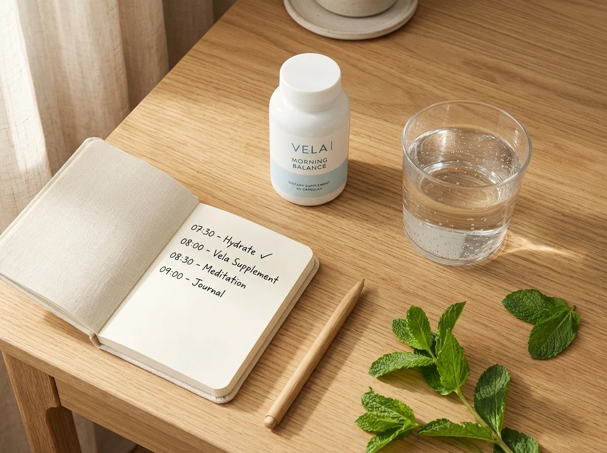 Morgonrutin med kosttillskott Alpha Drive - glas vatten och kapselburk